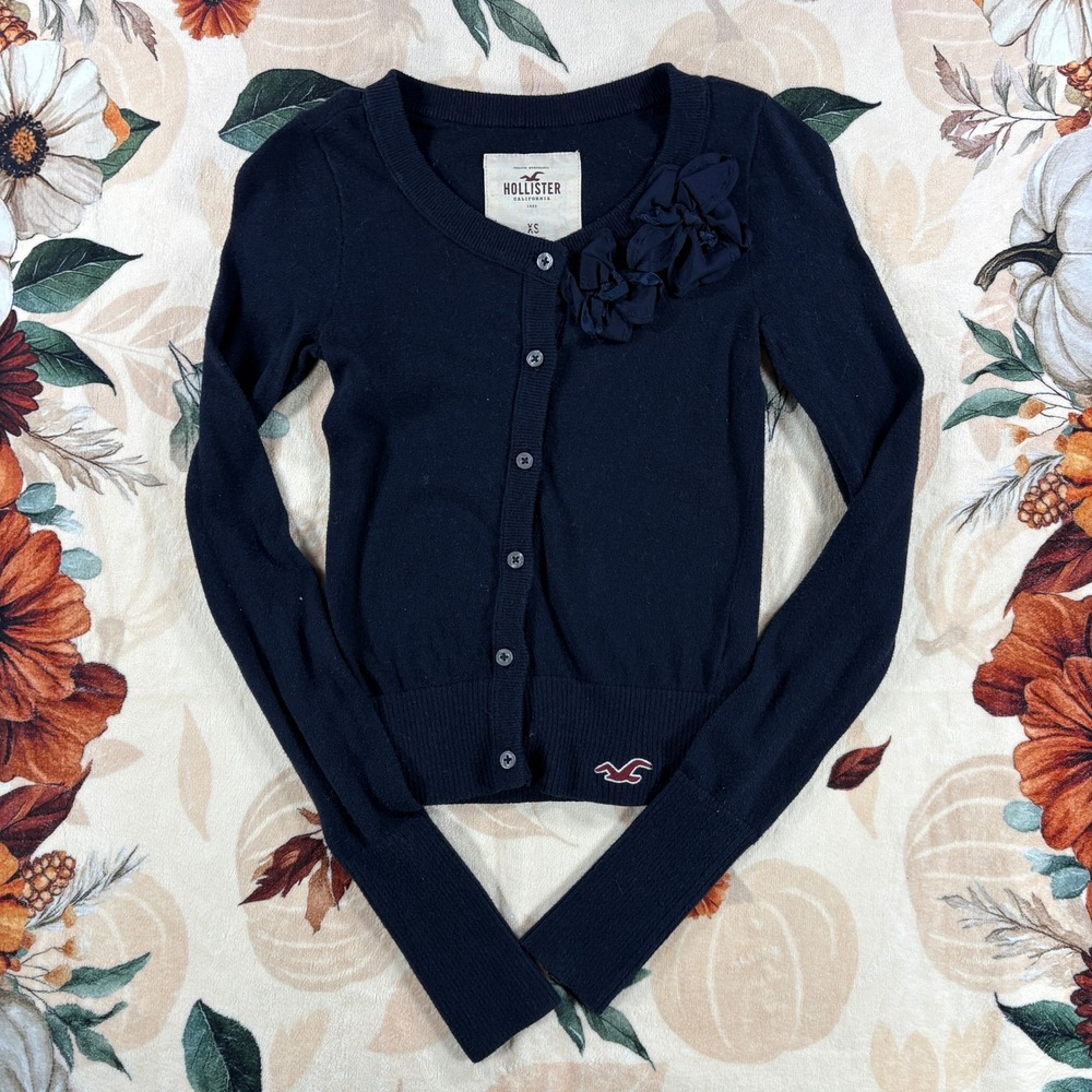 Vintage Y2K Hollister California Cropped Cardigan Floral Corsage Black Womens XS